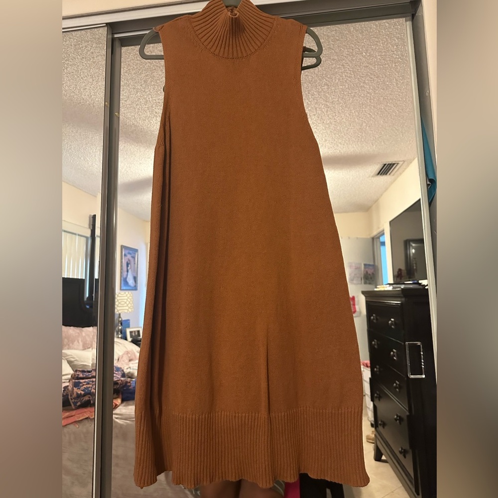 Brown Sleeveless A-Line Midi Dress Mock Neck